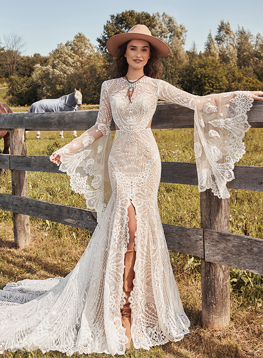 Rustic Boho Wedding Dress with Bell Sleeves and High Neckline